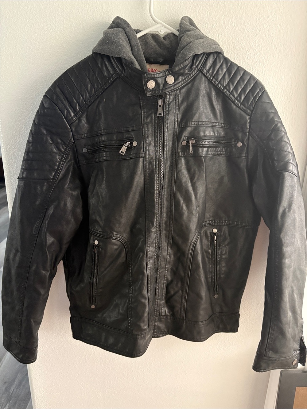 Men's Black Quilted Faux-Leather Performance Jacket with Hood